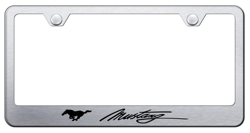 Auto Gold Mustang Script Standard Frame Laser Etched on Brushed - Click Image to Close